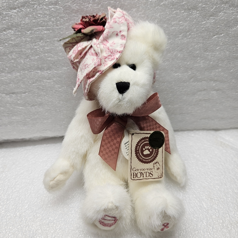 Boyds Bears White Teddy with Pink Hat and Bow